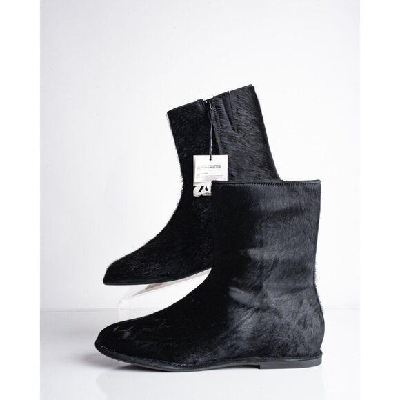 Zara Womens Leather Zip Ankle Boots Fur Skin Black US 9 EU 40 New 1102/410 - Picture 7 of 10
